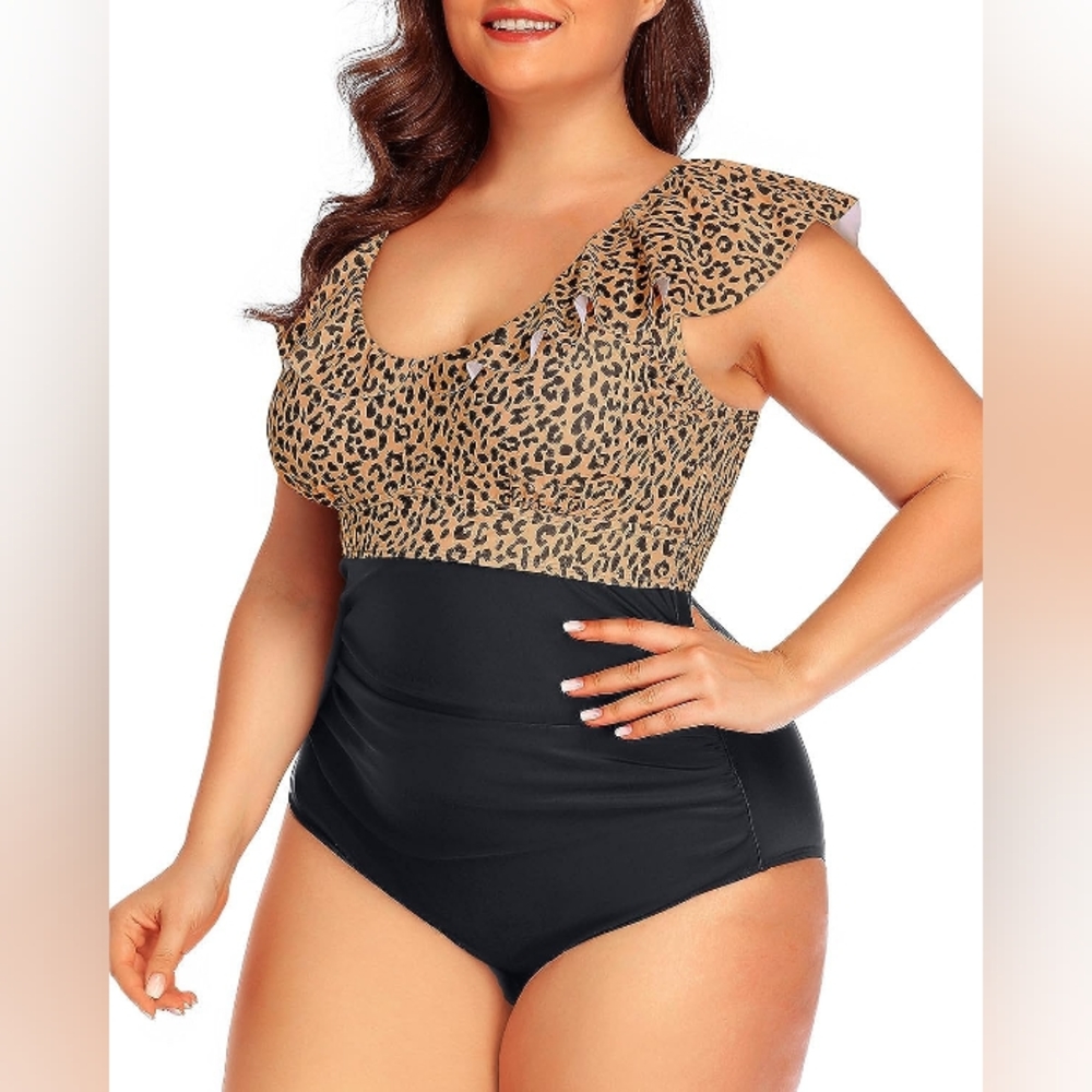 DACI Leopard Cheetah Ruffle V-Neck Ruched Curvy Plus Full Figure Swimsui…